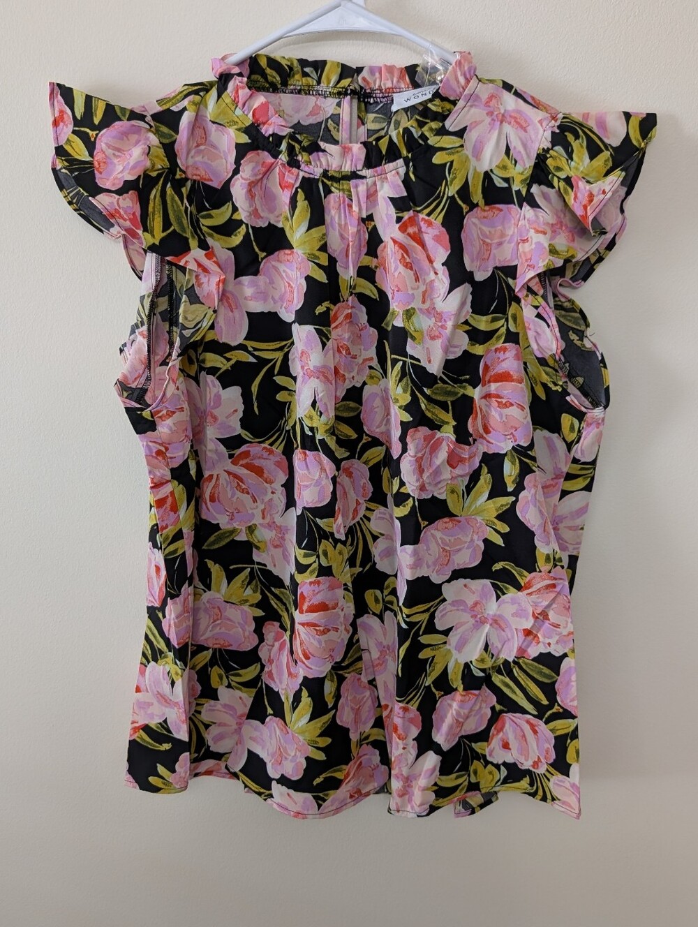 Emily Wonder Women's  Black/Pink Floral Mock Neck Flutter Sleeves Top  S,M,L
